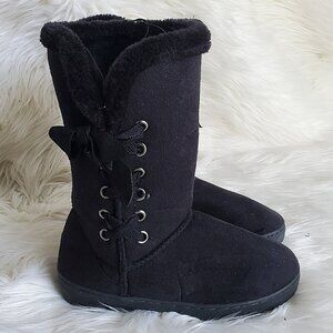 Chatz Women's Black Mid-Calf Microsuede Faux Fur Trim Winter Boots SZ 5/6